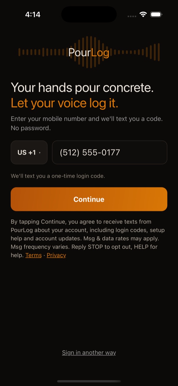 PourLog phone screen with the text-message disclosure directly under the Continue button