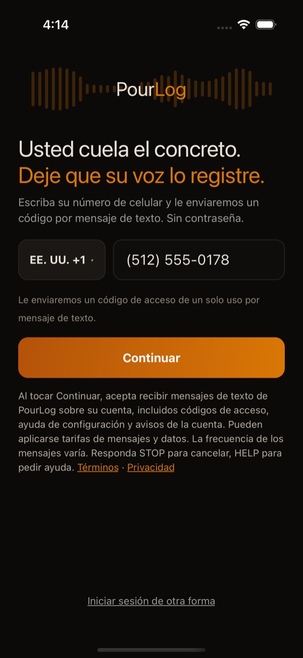 Pantalla de teléfono de PourLog con la divulgación de mensajes de texto directamente debajo del botón Continuar