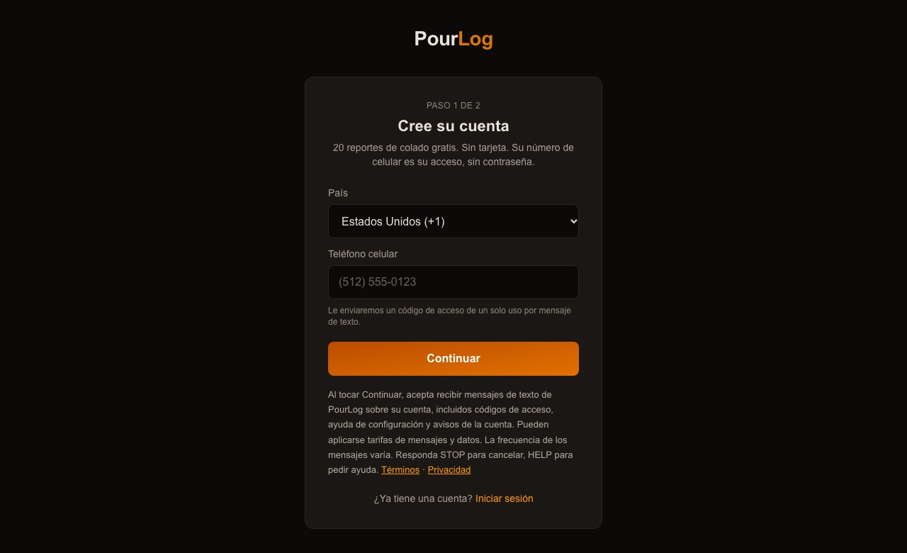 Pantalla de teléfono de PourLog con la divulgación de mensajes de texto directamente debajo del botón Continuar