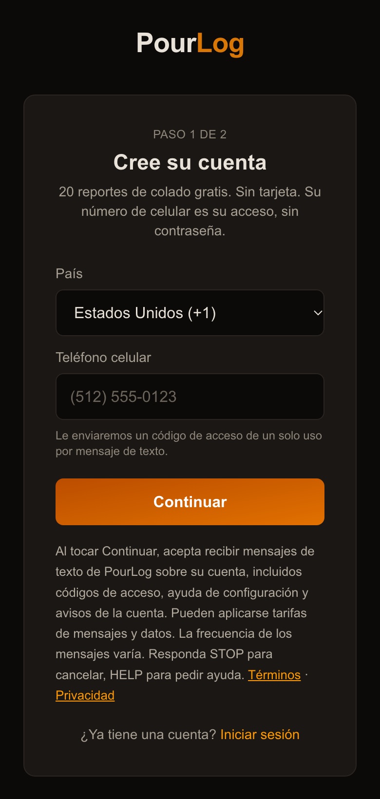 Pantalla de teléfono de PourLog con la divulgación de mensajes de texto directamente debajo del botón Continuar